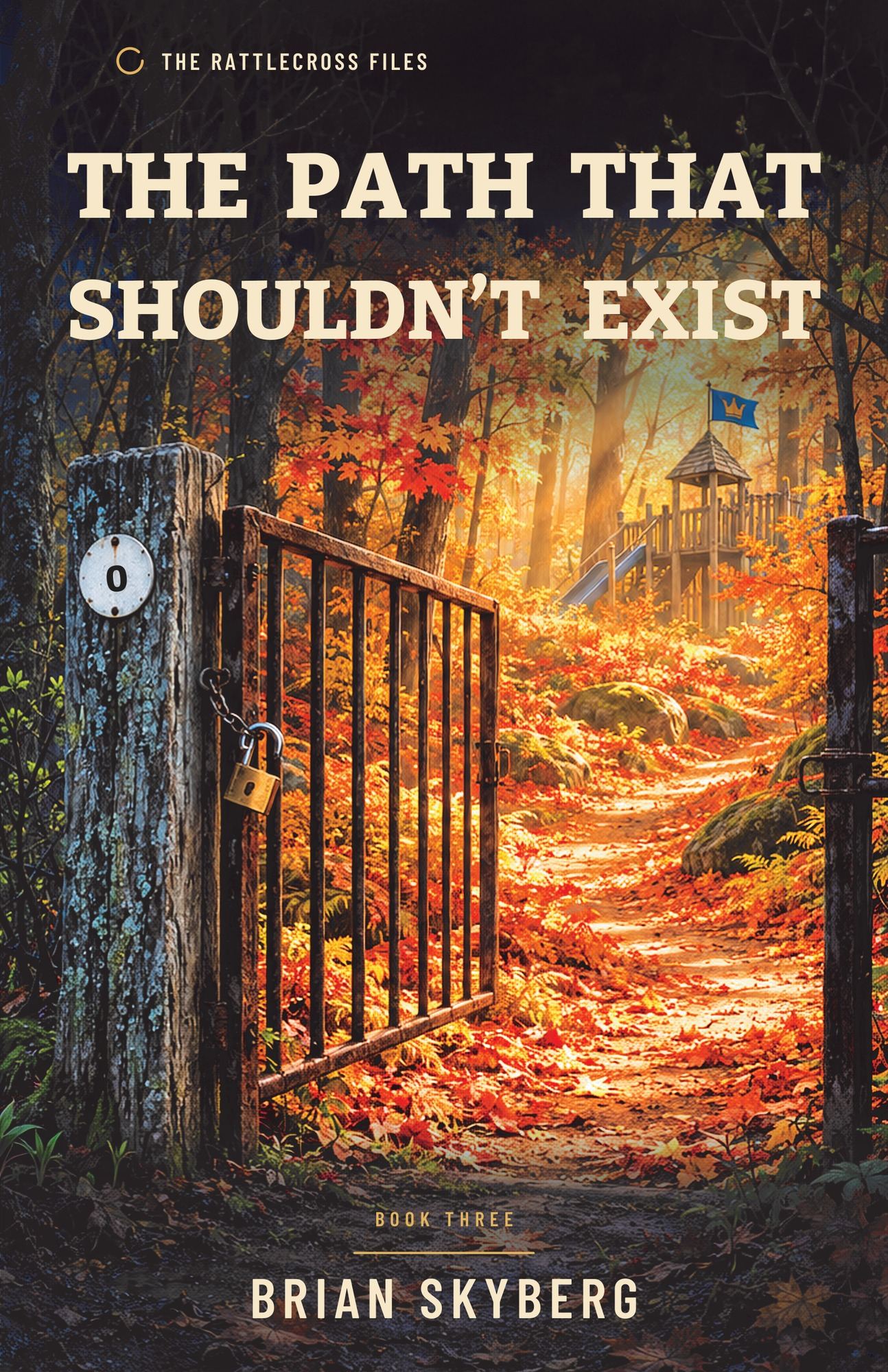 Cover of The Path That Shouldn't Exist: an old iron gate standing open in the woods onto a trail covered in golden autumn leaves.