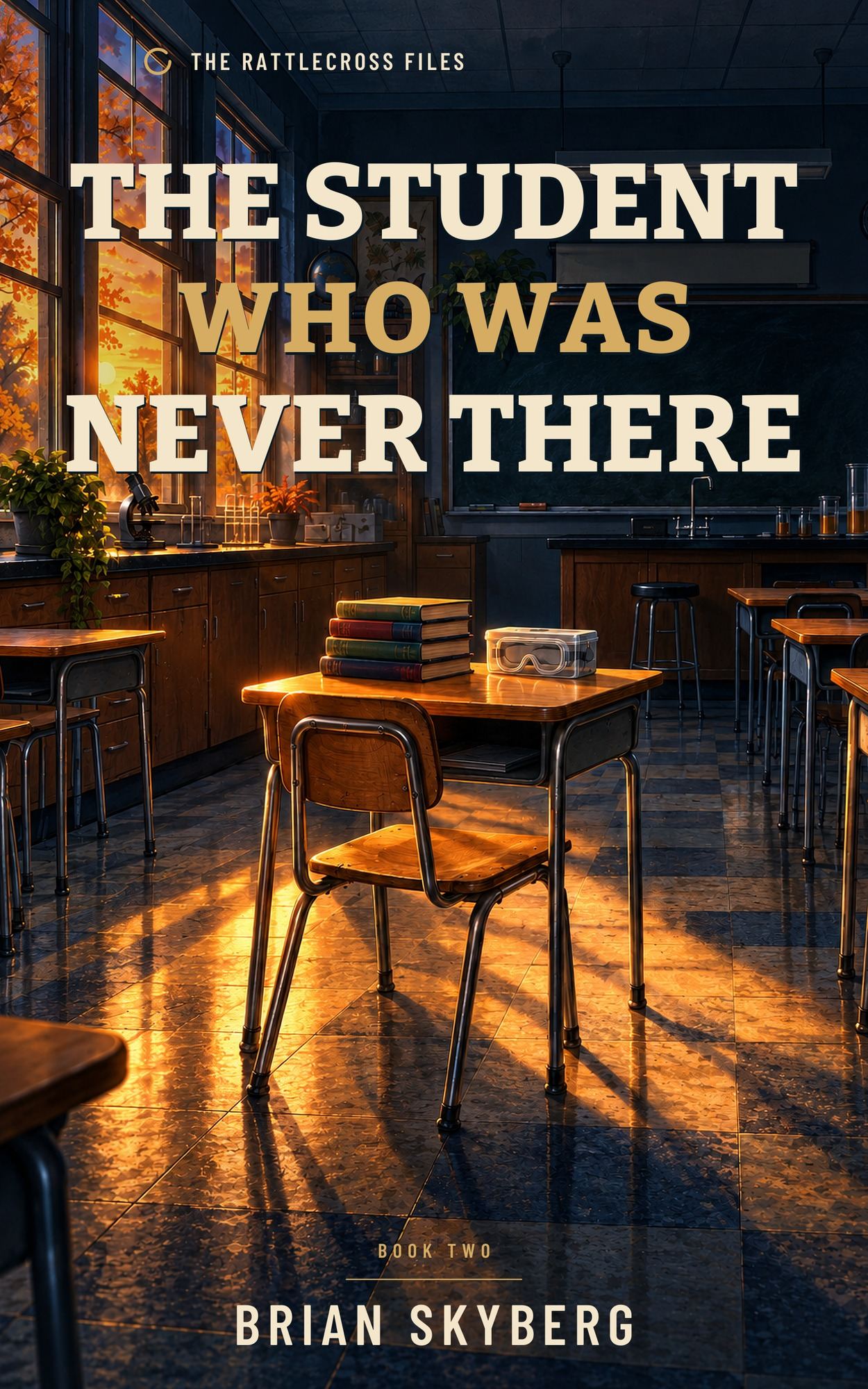 Cover of The Student Who Was Never There: an empty classroom desk and chair in warm light, with a stack of books and an old typewriter.