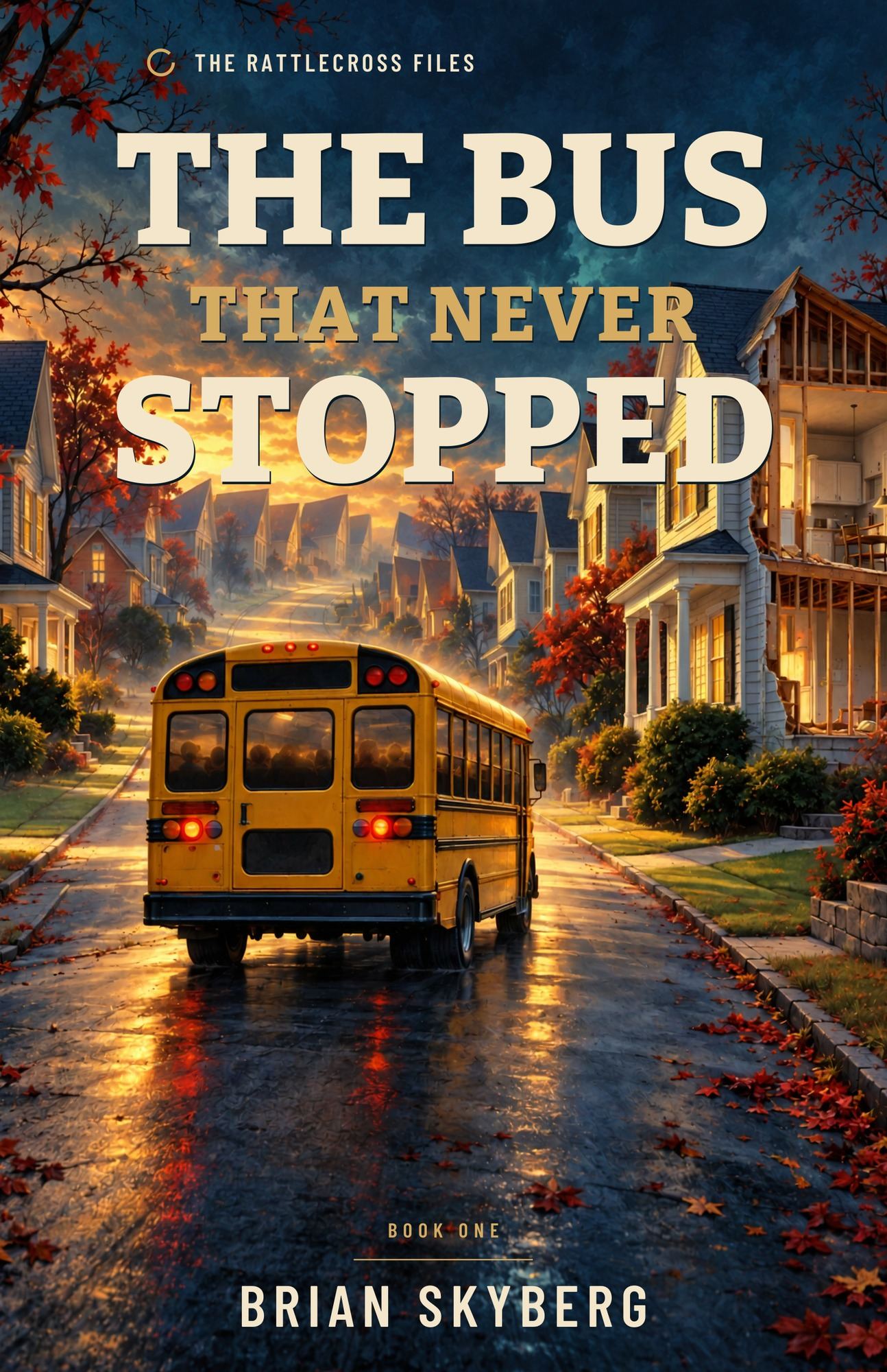 Cover of The Bus That Never Stopped: a yellow school bus with its lights on, driving down a rain-wet autumn street lined with houses at dusk.