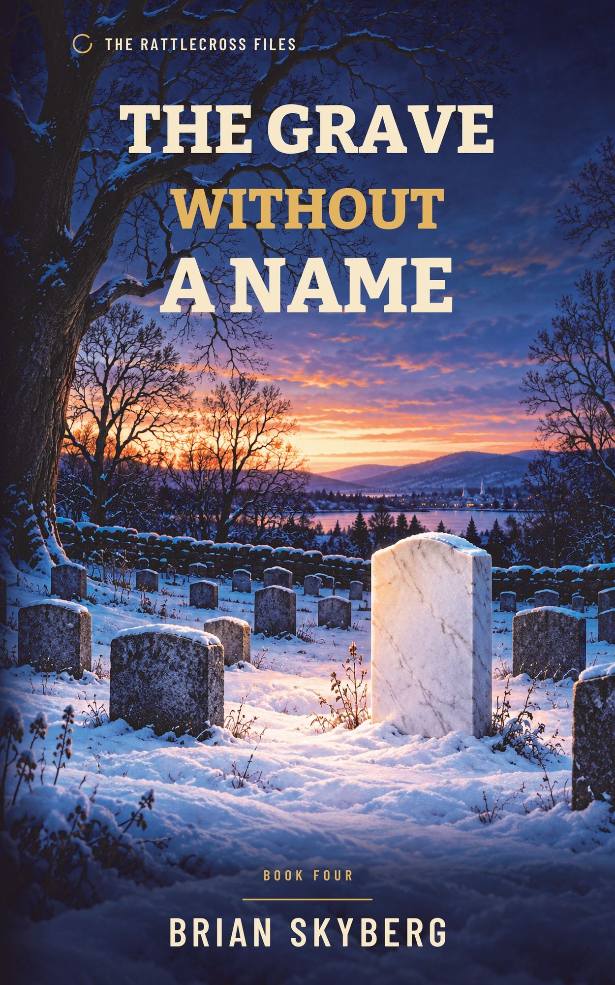 Cover of The Grave Without a Name: a blank white marble headstone in a snowy cemetery at twilight.