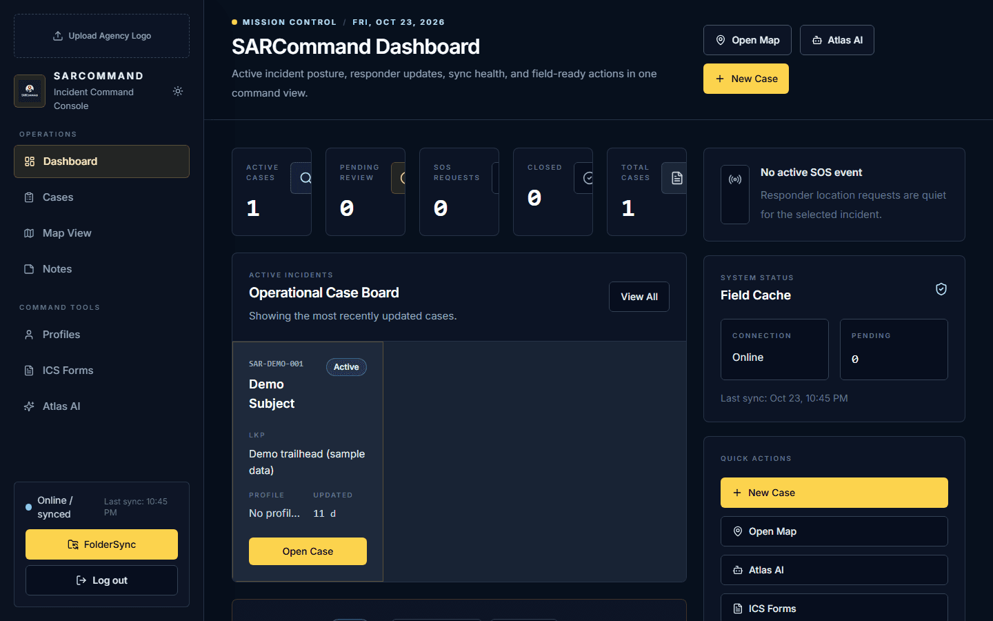 SAR Command dashboard with counts for active cases, pending review, SOS requests and closed cases, an operational case board, field cache status and quick actions.