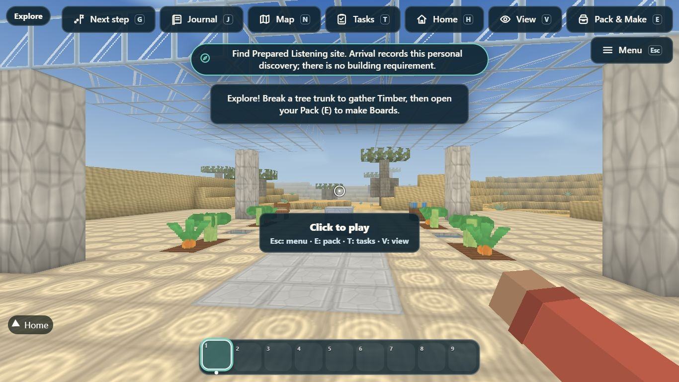 First-person view inside a glass-roofed conservatory in RISE Worlds, with carrot plants growing in rows on a sandy floor and a toolbar of shortcuts across the top.