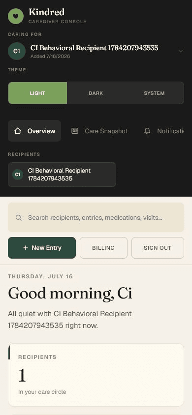 Kindred caregiver console on a phone, showing the recipient selector, theme options, navigation and a greeting with a recipients summary card.