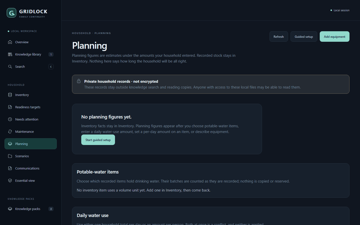 GRIDLOCK planning page explaining that planning figures are estimates, with a guided setup button and sections for potable-water items and daily water use.