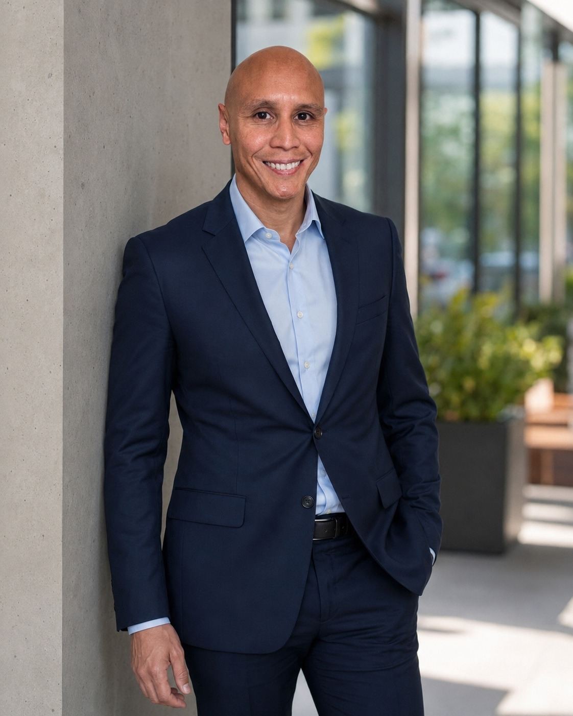 Brian Skyberg, smiling, in a navy suit and light blue shirt