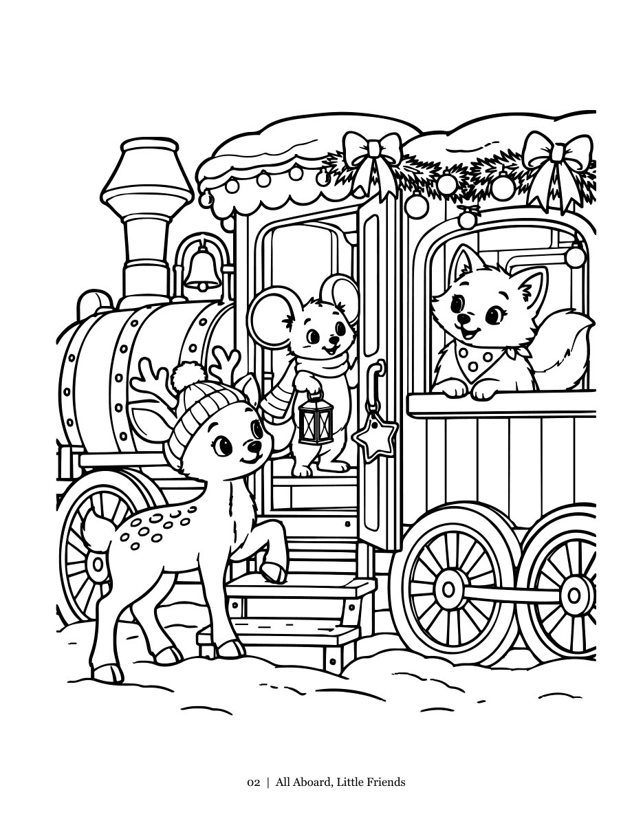 Sample coloring page, All Aboard, Little Friends: Pip, Junie and Tinsel boarding the decorated night train.