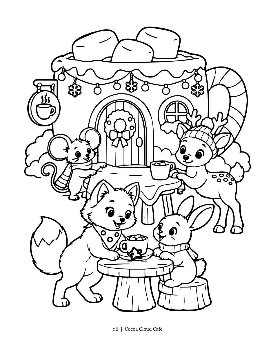Sample coloring page, Cocoa Cloud Cafe: the friends sharing cocoa outside a cafe shaped like a mug topped with marshmallows.