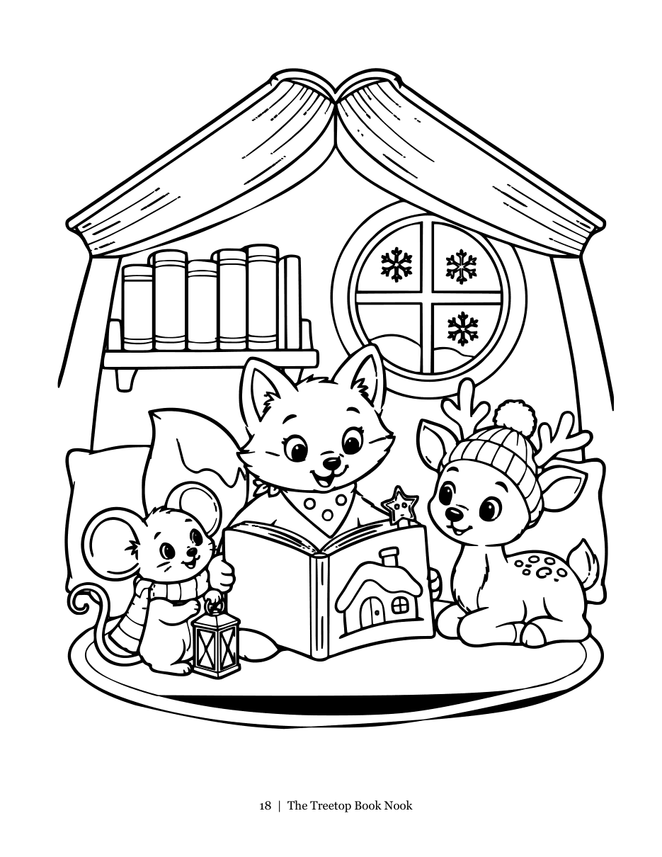 Sample coloring page, The Treetop Book Nook: the fox reading a storybook to the mouse and reindeer under a roof shaped like an open book.